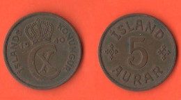 Iceland 5 Aurar 1940 Island Islanda London Mint Bronze Coin - IJsland