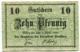 10 PFENNIG 1920 Stadt WRESCHEN Posen DEUTSCHLAND Notgeld Papiergeld Banknote #PL930 - [11] Local Banknote Issues