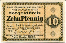 10 PFENNIG 1920 Stadt GREIZ Reuss DEUTSCHLAND Notgeld Papiergeld Banknote #PL674 - [11] Local Banknote Issues