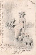 Couple - Femme Assise Sur Un Muret Donnant A Manger A Des Moutons En Compagnie De Son Homme - Koppels