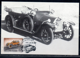 REPUBBLICA DI SAN MARINO 1962 STORIA DELL'AUTOMOBILE 1992 HISTORY CAR LIRE 150 MAXI MAXIMUM CARD CARTOLINA CARTE - FDC