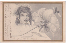 CPA ILLUSTREE  - ART NOUVEAU  - FEMME  AVEC UN FLEUR  ABEILLE  - 1900-1902 - 1900-1949