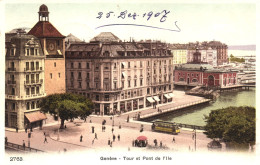 GENEVE, GENEVA, ARCHITECTURE, TRAM, UMBRELLA, TOWER WITH CLOCK, BRIDGE, SWITZERLAND, POSTCARD - Genève