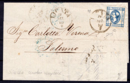 1863 10 OTTOBRE C.15 LITO I TIPO SASS 12 CON OTTIMI MARGINI SU PIEGO DI LETTERA DA LICATA P7 PER PALERMO FIRMA BIONDI RA - Marcofilie