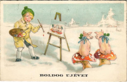 T2/T3 1939 Boldog Újévet / New Year Greeting Art Postcard, Painter With Pigs (fl) - Sin Clasificación