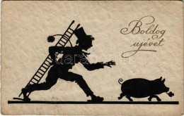 * T3 1926 Boldog Újévet / New Year Greeting Art Postcard With Chimney Sweeper And Pig, Silhouette (fa) - Sin Clasificación