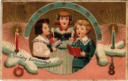 * T3 Boldog Karácsonyt / Christmas Greeting Art Postcard With Children Singing. Art Nouveau, Emb. Litho (EB) - Zonder Classificatie