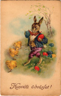 T2/T3 1934 Húsvéti üdvözlet / Easter Greeting Art Postcard With Rabbit, Chicken And Eggs (fl) - Non Classés