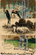 T3 1904 Boldog Húsvéti ünnepeket / Easter Greeting Art Postcard With Swallows And Sheep. Art Nouveau, Emb. Litho (EB) - Sin Clasificación