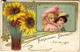 T4 1904 Karácsonyi üdvözlet / Christmas Greeting Art Postcard With Children And Sunflowers. Art Nouveau, Floral, Emb. Li - Non Classés