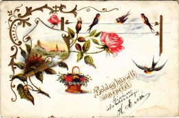 T3 1902 Boldog Húsvéti ünnepeket / Easter Greeting Art Postcard With Swallows. Floral, Emb. Litho (EK) - Sin Clasificación