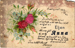 * T4 1902 Éljen Anna / Name Day Greeting Art Postcard With Silk Flowers. Art Nouveau, Floral, Emb. Litho (EM) - Ohne Zuordnung