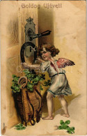 T3 1907 Boldog Újévet / New Year Greeting Art Postcard With Angel, Clovers And Horseshoes. Emb. Litho (fl) - Non Classés