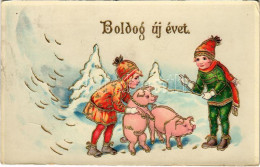 T2/T3 1929 Boldog új évet! Gyerekek Malacokkal / New Year Greeting, Children With Pigs. HWB Ser. 1263. Golden Decorated, - Non Classés