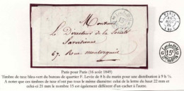 PARIS POUR PARIS TIMBRE DE TAXE QUARTIER F À 15 C 16 AOÜT 1849 - 1849-1876: Période Classique