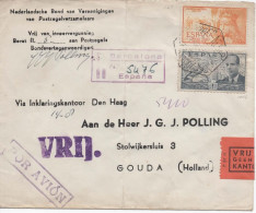 BARCELONA A GOUDA FOLANDA CERTIFICADA AEREA 1952 SELLO ISABEL LA CATOLICA Y LACIERVA - Covers & Documents