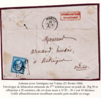 LETTRE AUBENAS POUR ANTRAIGUES S/VOLANE AFFRANCHISSEMENT INSUFFISANT TAXE 10 DECIMES 21 FÉVRIER 1866 SUP - 1849-1876: Période Classique