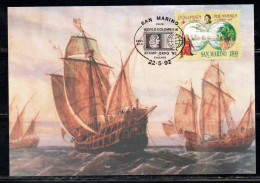 REPUBBLICA DI SAN MARINO 1992 CELEBRAZIONI COLOMBIANI SCOPERTA AMERICA LIRE 1500 MAXI MAXIMUM CARD CARTOLINA CARTE - FDC