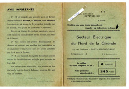 33 - SAINT ANDRE DE CUBZAC - DOCUMENT DU SECTEUR ELECTRIQUE DU NORD DE LA GIRONDE + AVIS PRIME POUR ECLAIRAGE - Historical Documents