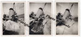 Lot 3 Photos Originales - Bateau Navire De Guerre Cuirassé Destroyer Torpilleur ? - Tempête En Pleine Mer - War, Military