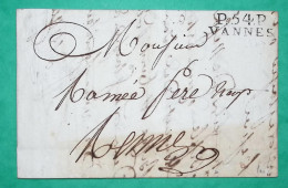 MARQUE P54P VANNES MORBIHAN PORT PAYE POUR RENNES ILLE ET VILAINE 28x10 1808 LETTRE COVER FRANCE - 1801-1848: Vorläufer XIX