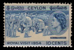 CEYLON 1954 (SRI LANKA) Elephant, Tusker,Royal Visit, Giant Animal, Ceremonial Procession, Value MNH (**) - Sri Lanka (Ceilán) (1948-...)