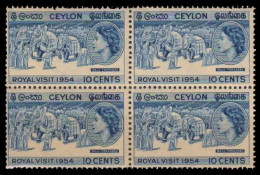 CEYLON 1954 (SRI LANKA) Elephant, Tusker,Royal Visit, Giant Animal, Ceremonial Procession, Block 4v, MNH (**) RARE - Sri Lanka (Ceylan) (1948-...)