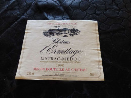 E-52 , Etiquette, Château L'Ermitage ,Listrac Médoc, 1998 - Bordeaux