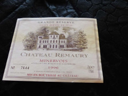 E-61 , Etiquette, Château Remaury Minervois, Grande Réserve , Azille, 1996 - Languedoc-Roussillon