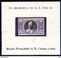 Pio XI - Foglietto Ricordo (nero) Con Il Francobollo Da 1 Lira Listato A Lutto - Unused Stamps