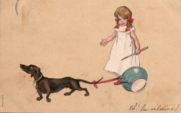 4V4Sb  Illustrateur Petite Fille Fillette Pipi Pot De Chambre Tiré Par Chien Teckel - 1900-1949