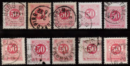 1877. Circle Type. Perf. 13. 50 øre Carmine. 10 Stamps With Different Shades Etc. (Michel 25B) - JF103233 - Gebraucht