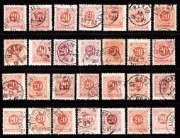 1877. Circle Type. Perf. 13. 20 øre Vermilion. 28 Stamps With Different Shades Etc. (Michel 22Ba) - JF103234 - Usados