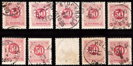 1877. Circle Type. Perf. 13. 50 øre Carmine. 10 Stamps With Different Shades Etc. (Michel 25B) - JF103246 - Oblitérés