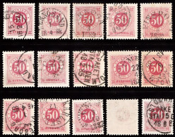 1877. Circle Type. Perf. 13. 50 øre Carmine. 15 Stamps With Different Shades Etc. (Michel 25B) - JF103247 - Oblitérés
