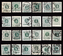 1877. Circle Type. Perf. 13. 5 øre Dark Green. 24 Stamps With Different Shades Etc. (Michel 19B) - JF103248 - Usados