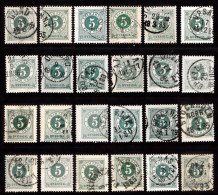 1877. Circle Type. Perf. 13. 5 øre Dark Green. 24 Stamps With Different Shades Etc. (Michel 19B) - JF103249 - Usati