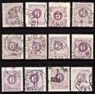 1877. Circle Type. Perf. 13. 6 øre Red Lillac. 12 Stamps With Different Shades Etc. (Michel 20Ba) - JF103255 - Gebruikt