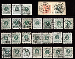 1877. Circle Type. Perf. 13. 5 øre Dark Green. 25 Stamps With Different Shades Etc. (Michel 19B) - JF103257 - Gebraucht