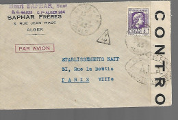 LETTRE PAR AVION     SAPHAR FRERES      ALGER  PARIS - Cartas & Documentos