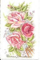 Carte Postale Fantaisie: Bouquet De Roses Et Myosotis - Verjaardag