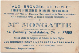 Carte Commerciale Paris Faubourg St Antoine  (75) Maison Mongatte Fabrique De Bronzes Pour Meubles - Advertising