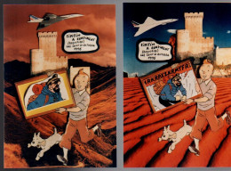 Lot De 2 CP TINTIN. (Illustration Jihel / Jacques Lardie). Tintin à Continent (Beaucaire). (Tirage Limité 100 Ex). - Bandes Dessinées
