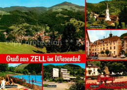 72698384 Zell Wiesental Panorama Kirche Rathaus Schwimmbad Stadthalle Stadtpark  - Sonstige & Ohne Zuordnung