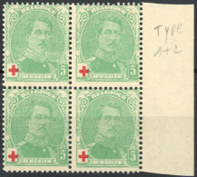 [** SUP] N° 129, Type I Et II(3x) Dans Un Même Bloc De 4. Cote : ++168 € - 1914-1915 Croce Rossa