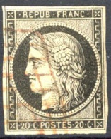 [O B/TB] N° 3a, Noir Sur Blanc,  Margé (coin Sup Droit Cassé) - Jolie Obl Grille ROUGE ! - 1849-1850 Ceres