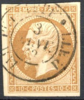 Delcampe - [O SUP] N° 13A, 10c Bistre, TB Margé - TB Obl Centrale Càd - 1853-1860 Napoléon III