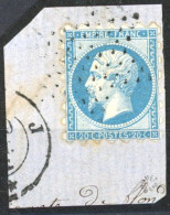 [O SUP] N° 22, 20c Bleu Sur Fragment - Piquage De Susse Et Obl étoile Muette. Signé Roumet - 1862 Napoléon III