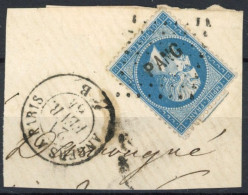 [O SUP] N° 22, 20c Bleu Sur Fragment - TB Obl 'PANG' Angers-Paris - 1862 Napoleone III