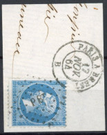 [O SUP] N° 22, 20c Bleu Sur Fragment - TB Obl 'PB' Paris-Brest - 1862 Napoléon III.